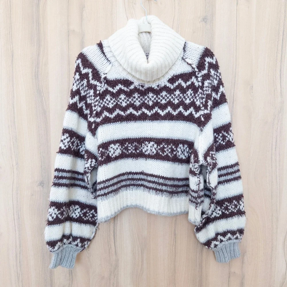 Free People Fair‎ Isle Oversized Turtleneck Sweater Sz M Brown White Apres Ski